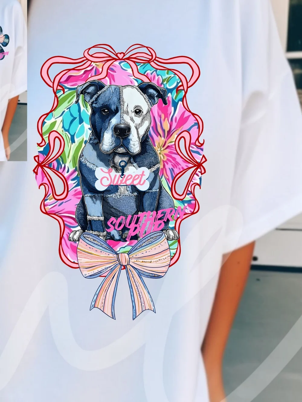 Gildan White Tee with Denim Patch Paw & Pastel Bow - Picture 16 of 16